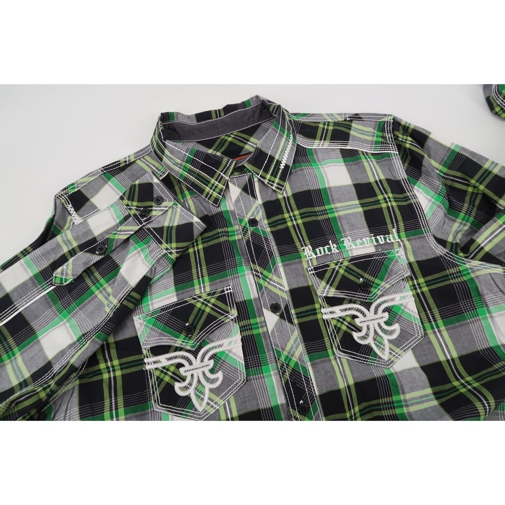 Rock Revival Button Down Shirt Mens Large Green Plaid Contrast Stitch Nice!